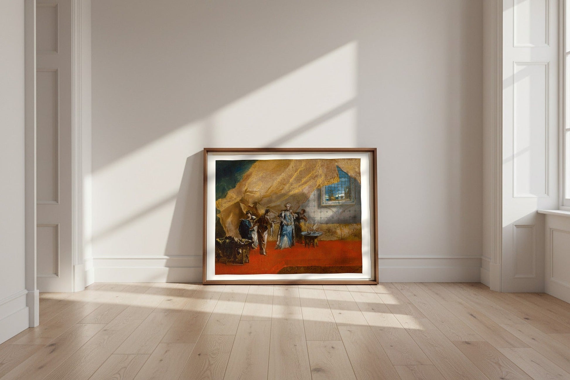A Sultana Taking Coffee in the Harem — Giovanni Antonio Guardi Fine Art Poster shown framed and leaning against a wall in a sunlit room