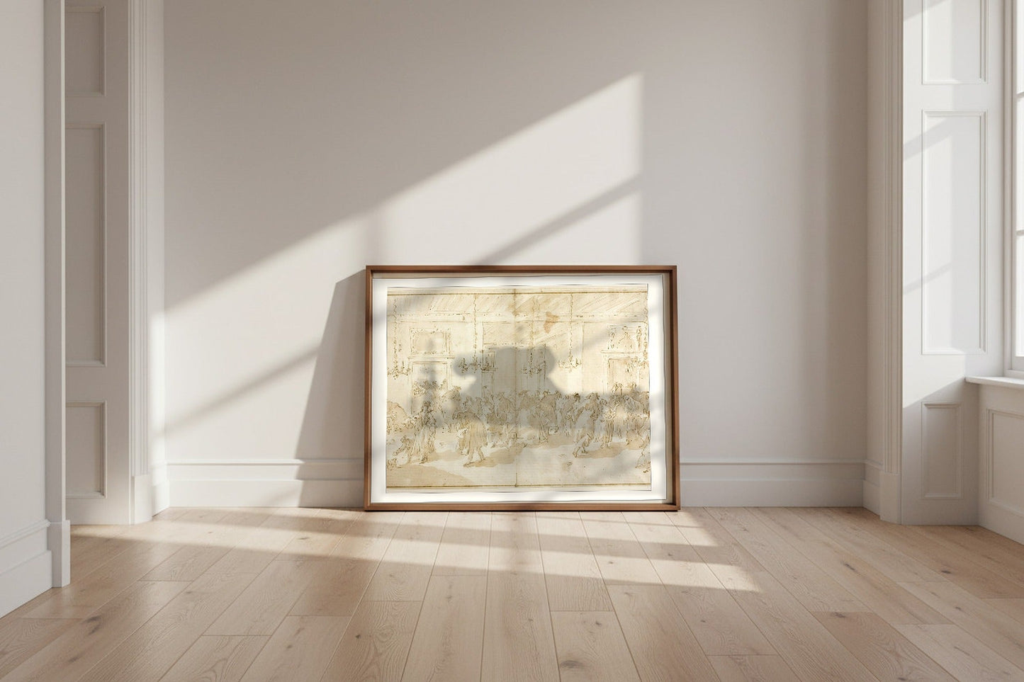 The Ridotto — Giovanni Antonio Guardi Fine Art Poster shown framed and leaning against a wall in a sunlit room