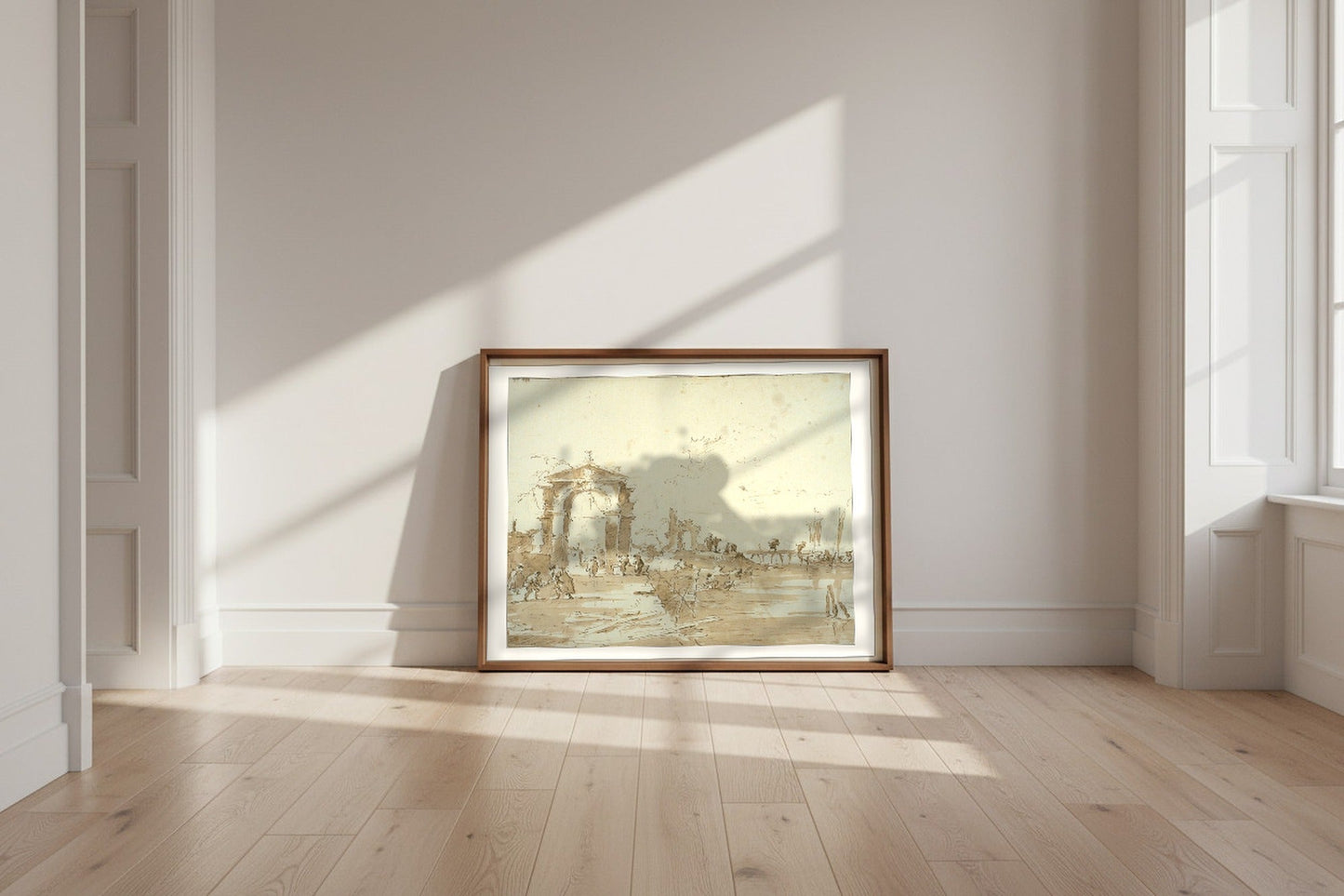 Gateway Near a Landing Bridge — Francesco Guardi Fine Art Poster shown framed and leaning against a wall in a sunlit room
