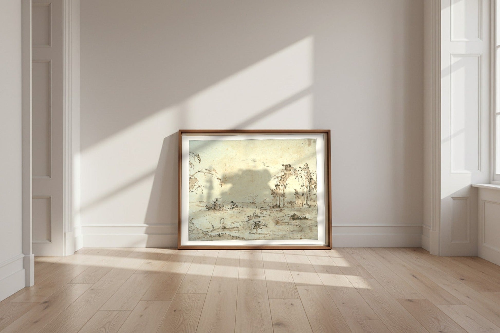 Capriccio with a Squall on the Lagoon — Francesco Guardi Fine Art Poster shown framed and leaning against a wall in a sunlit room