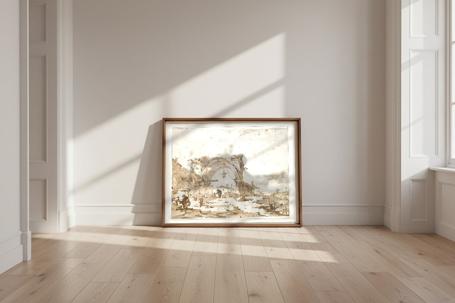 A Capriccio with a Ruined Gothic Arch — Francesco Guardi Fine Art Poster shown framed and leaning against a wall in a sunlit room