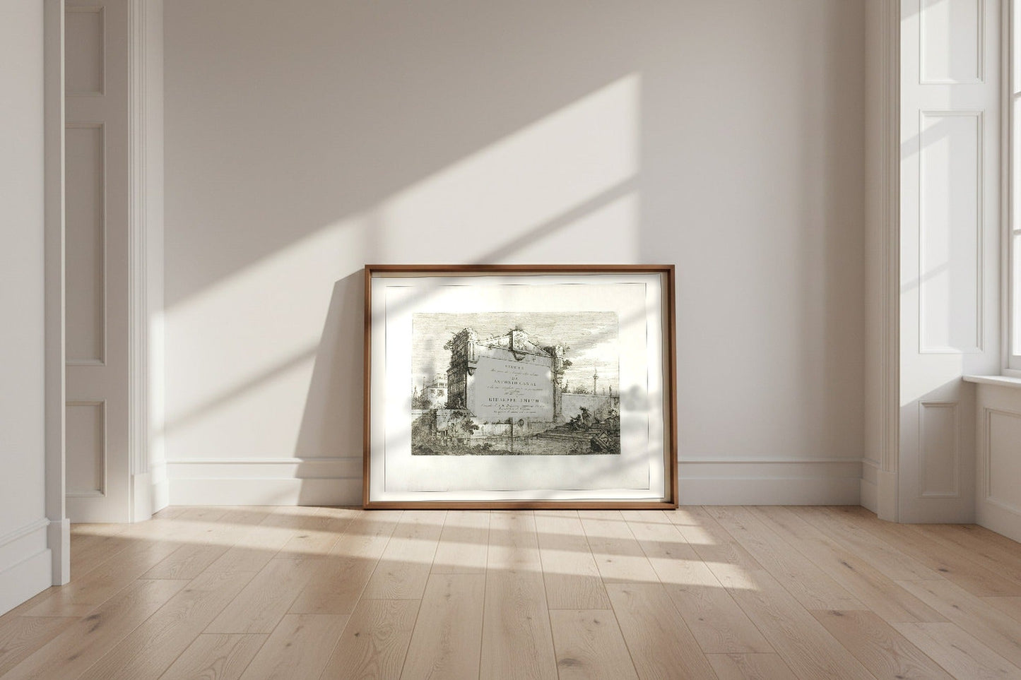 Title Page (Vedute) — Canaletto Fine Art Poster shown framed and leaning against a wall in a sunlit room