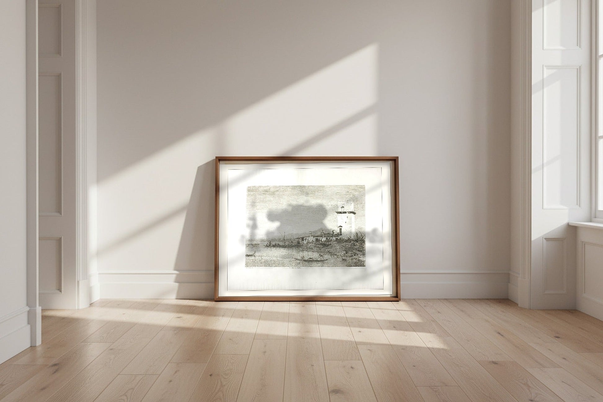 The Tower of Malghera — Canaletto Fine Art Poster shown framed and leaning against a wall in a sunlit room
