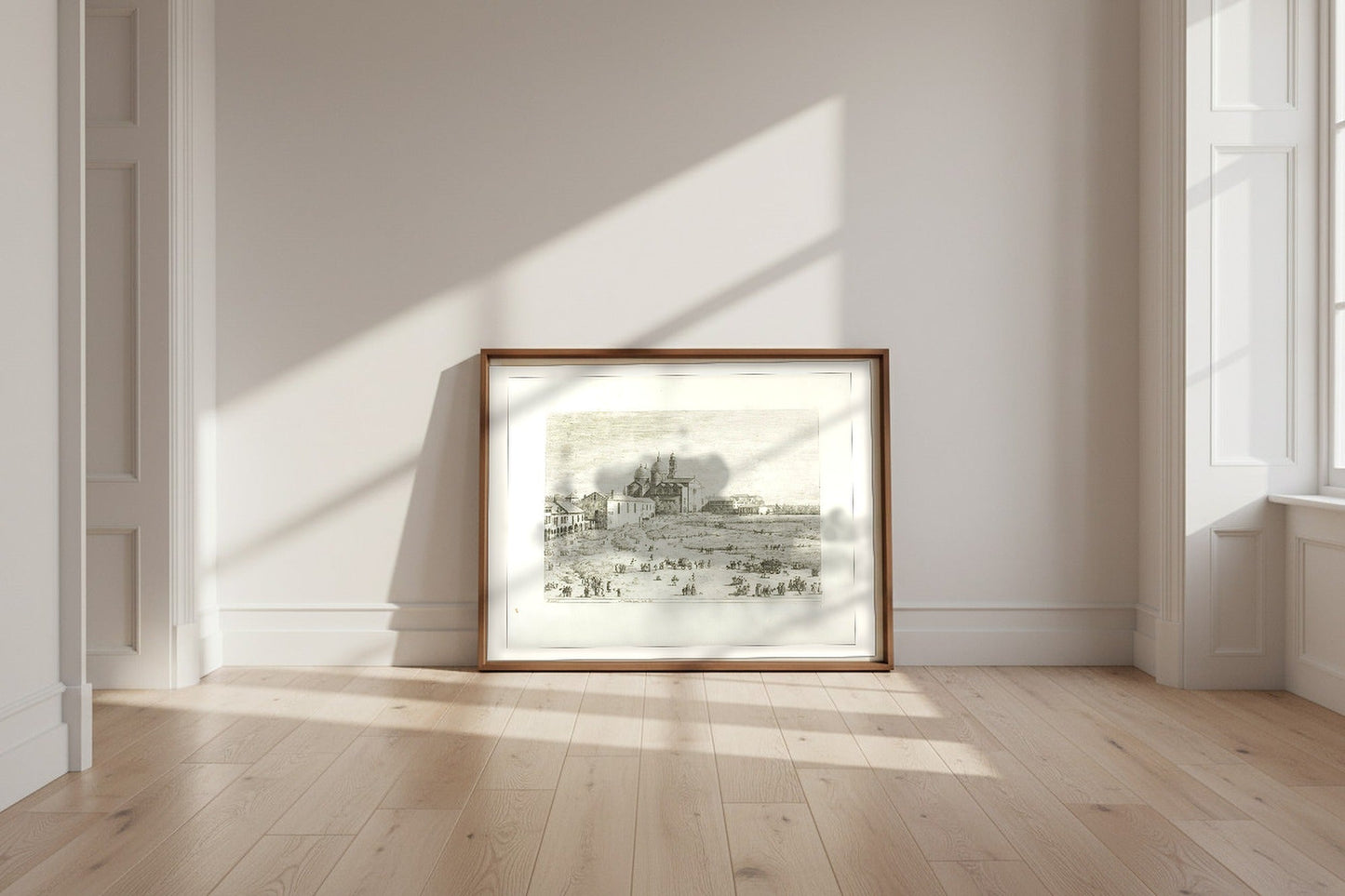 S. Giustina in Prà della Valle — Canaletto Fine Art Poster shown framed and leaning against a wall in a sunlit room