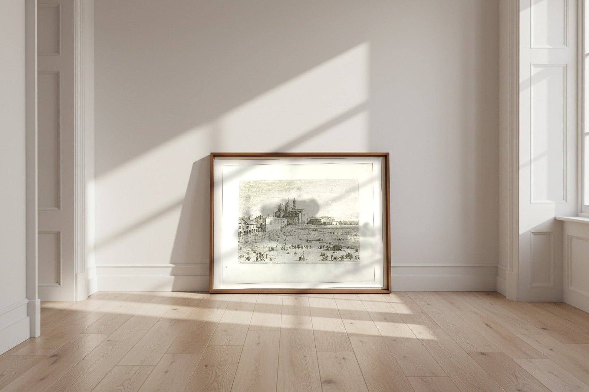 S. Giustina in Prà della Valle — Canaletto Fine Art Poster shown framed and leaning against a wall in a sunlit room