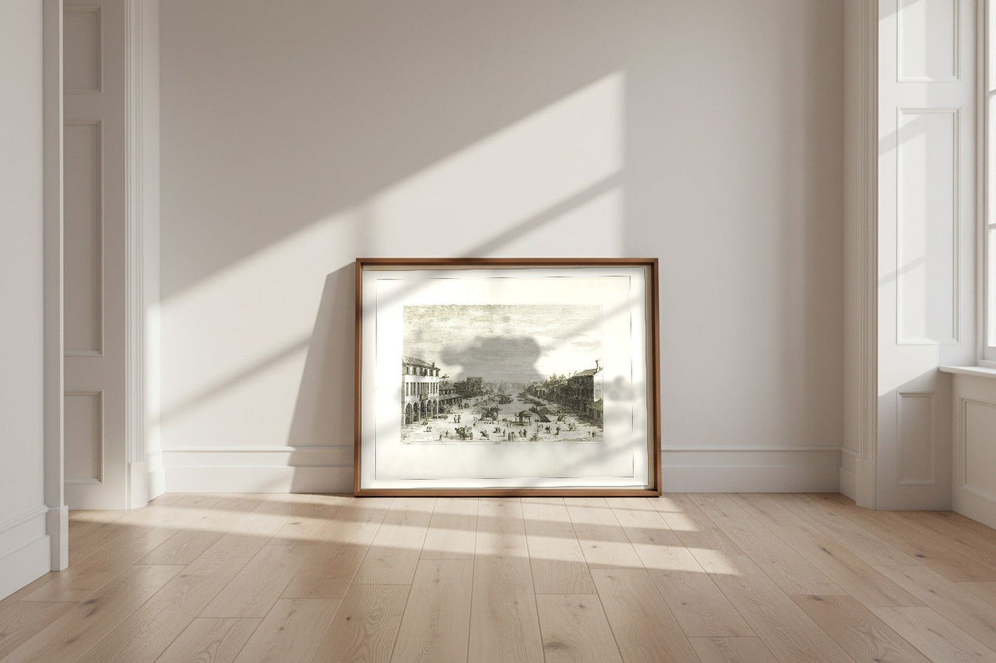 Mestre — Canaletto Fine Art Poster shown framed and leaning against a wall in a sunlit room