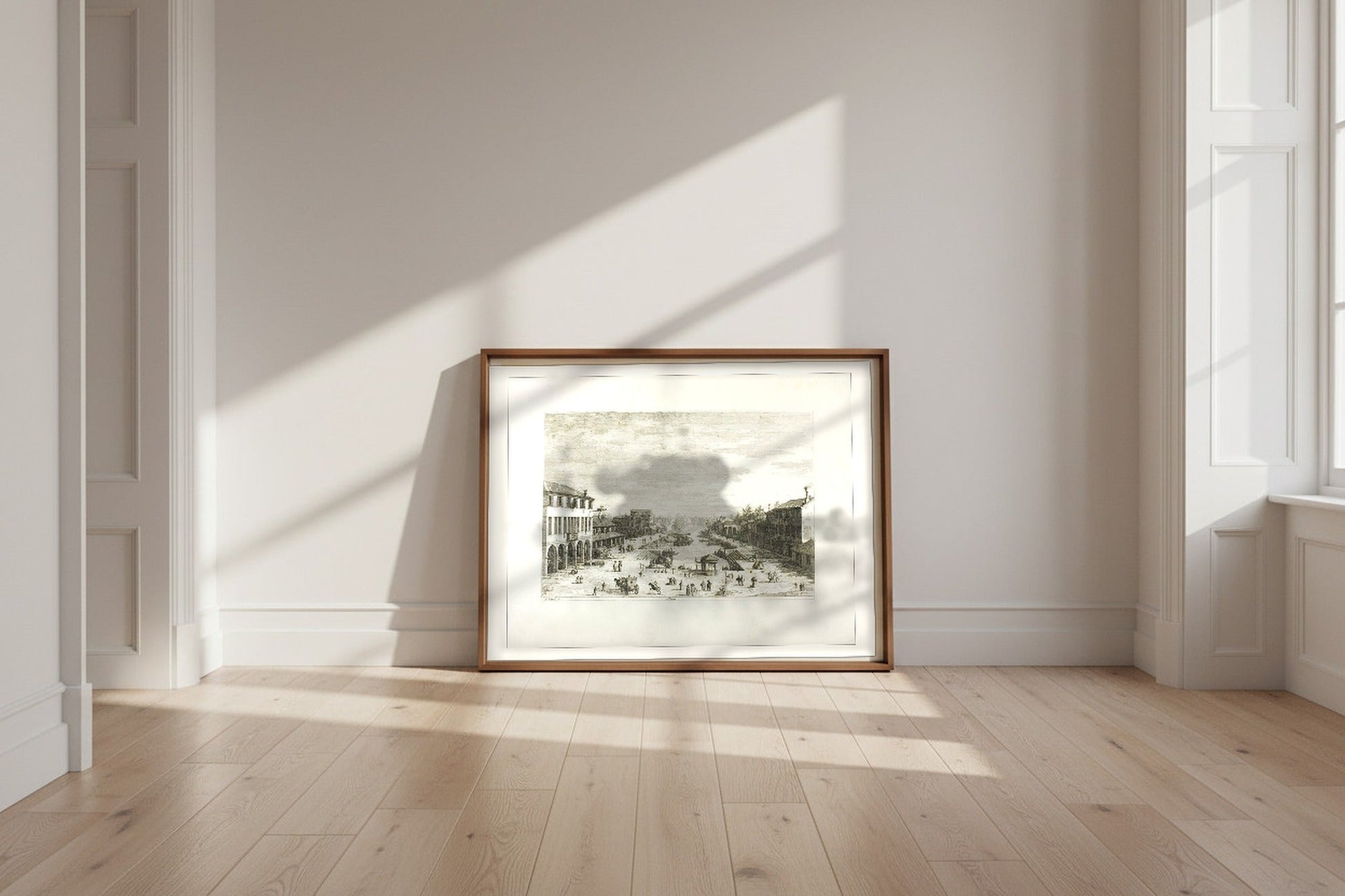 Mestre — Canaletto Fine Art Poster shown framed and leaning against a wall in a sunlit room