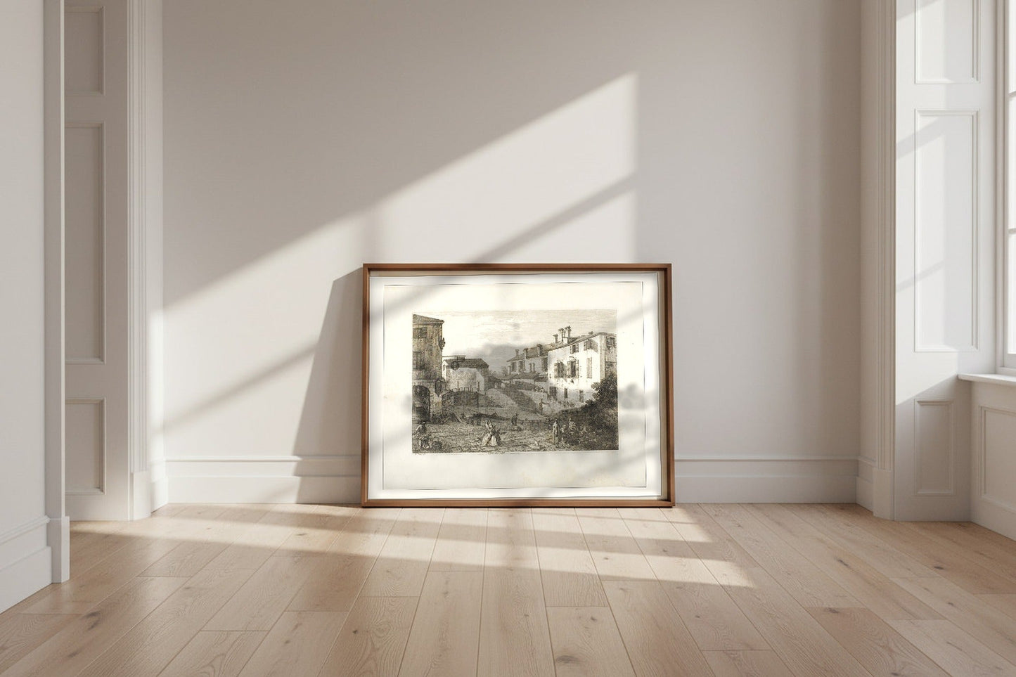 The Gates of Dolo — Canaletto Fine Art Poster shown framed and leaning against a wall in a sunlit room