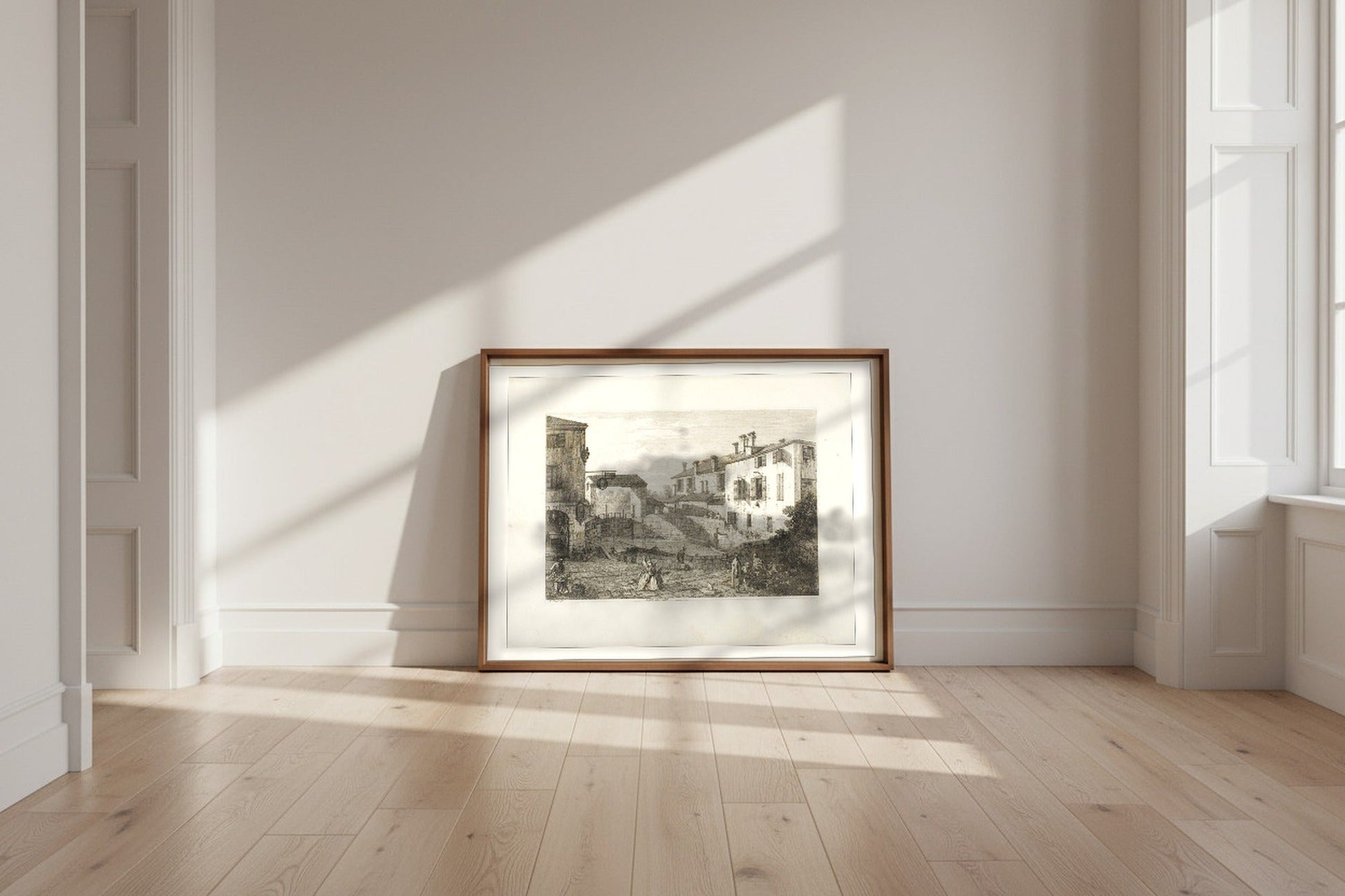 The Gates of Dolo — Canaletto Fine Art Poster shown framed and leaning against a wall in a sunlit room