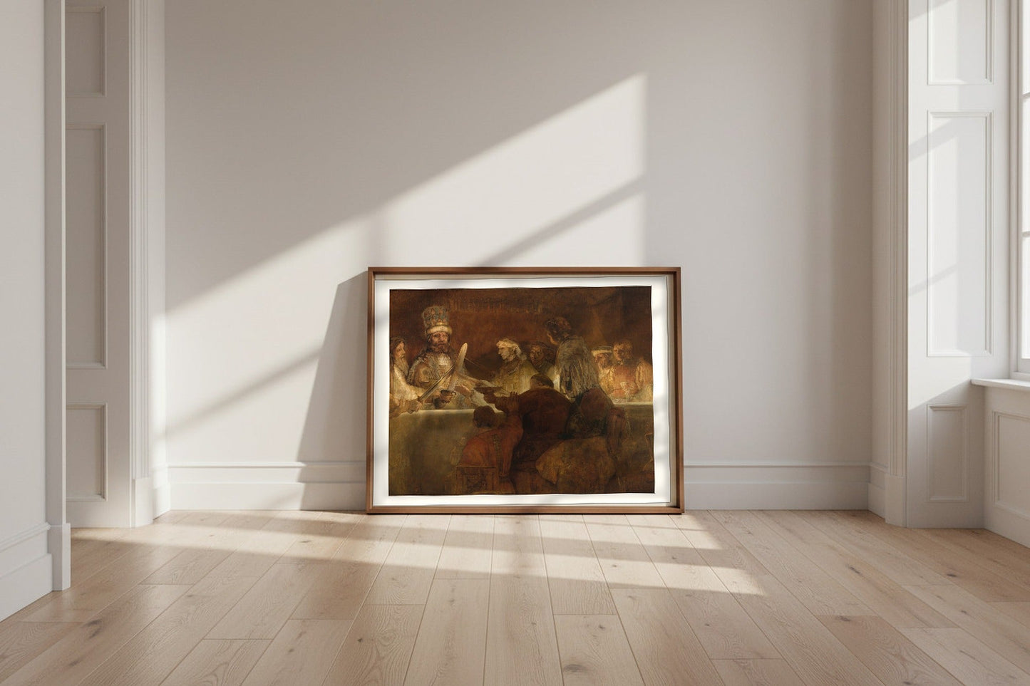 The Conspiracy of Claudius Civilis — Rembrandt van Rijn Fine Art Poster shown framed and leaning against a wall in a sunlit room
