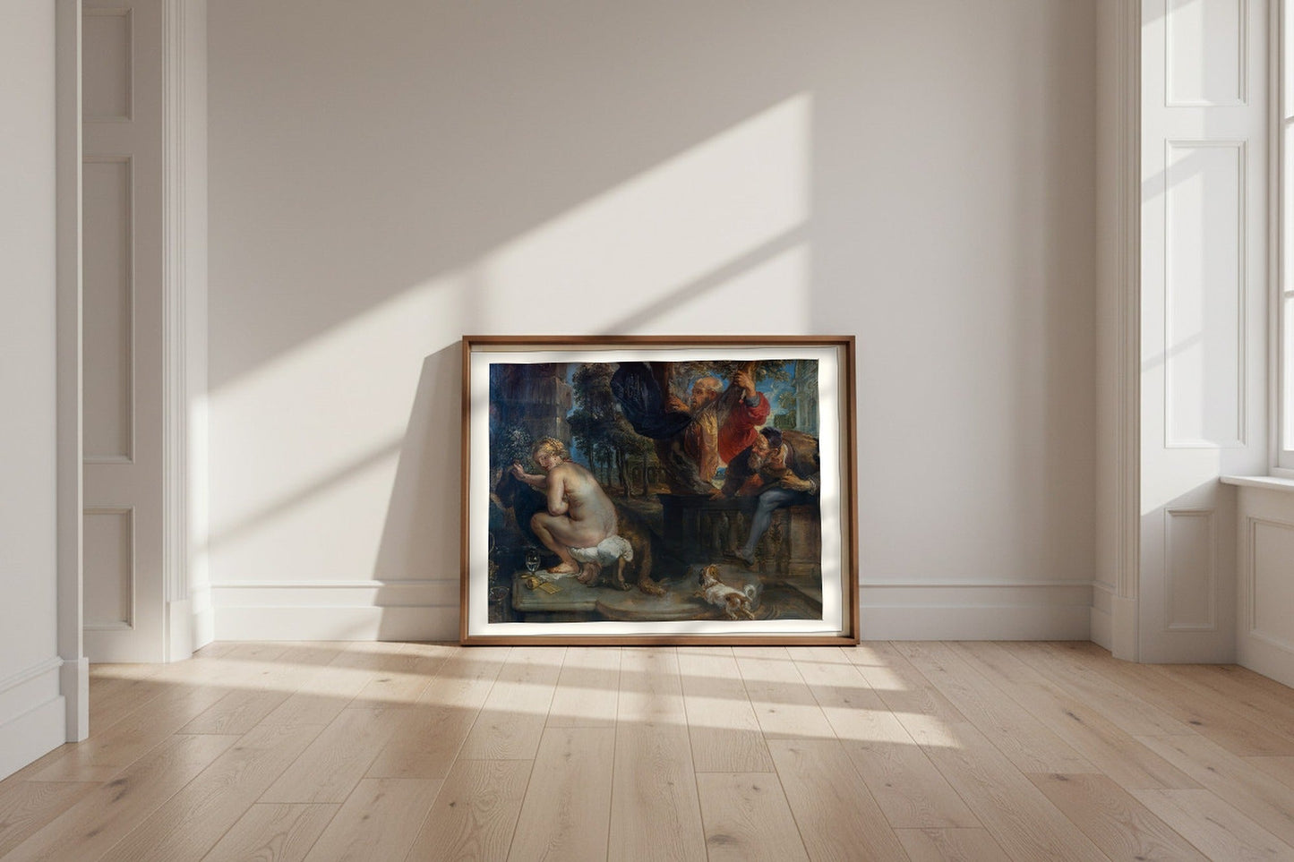 Susanna and the Elders — Peter Paul Rubens Fine Art Poster shown framed and leaning against a wall in a sunlit room