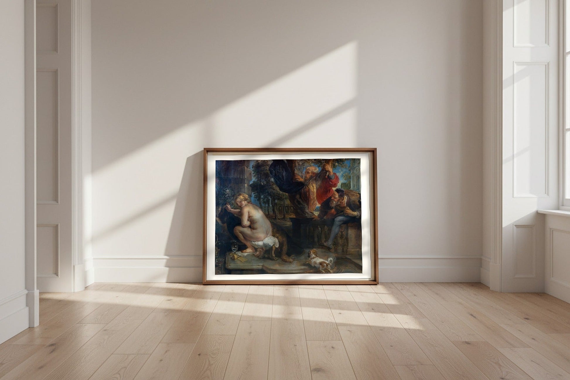 Susanna and the Elders — Peter Paul Rubens Fine Art Poster shown framed and leaning against a wall in a sunlit room