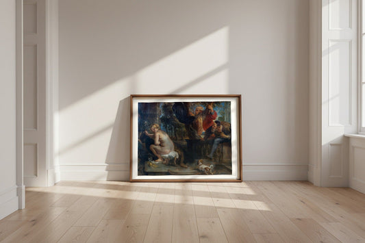 Susanna and the Elders — Peter Paul Rubens Fine Art Poster shown framed and leaning against a wall in a sunlit room