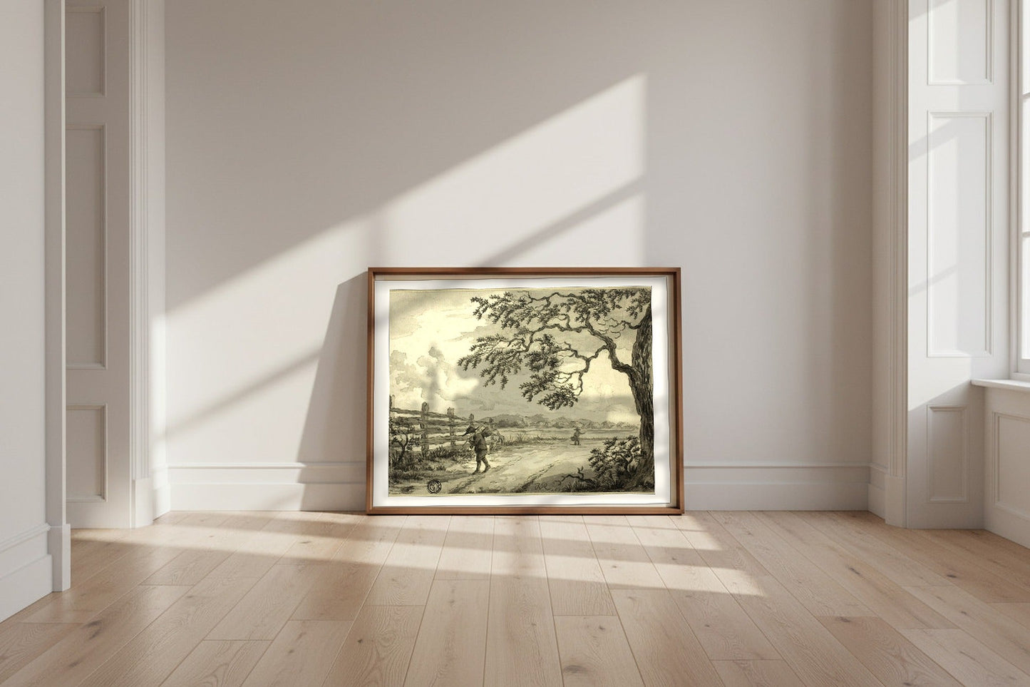 Figures with Baskets on Road (style of Jacob van Ruisdael) Fine Art Poster shown framed and leaning against a wall in a sunlit room