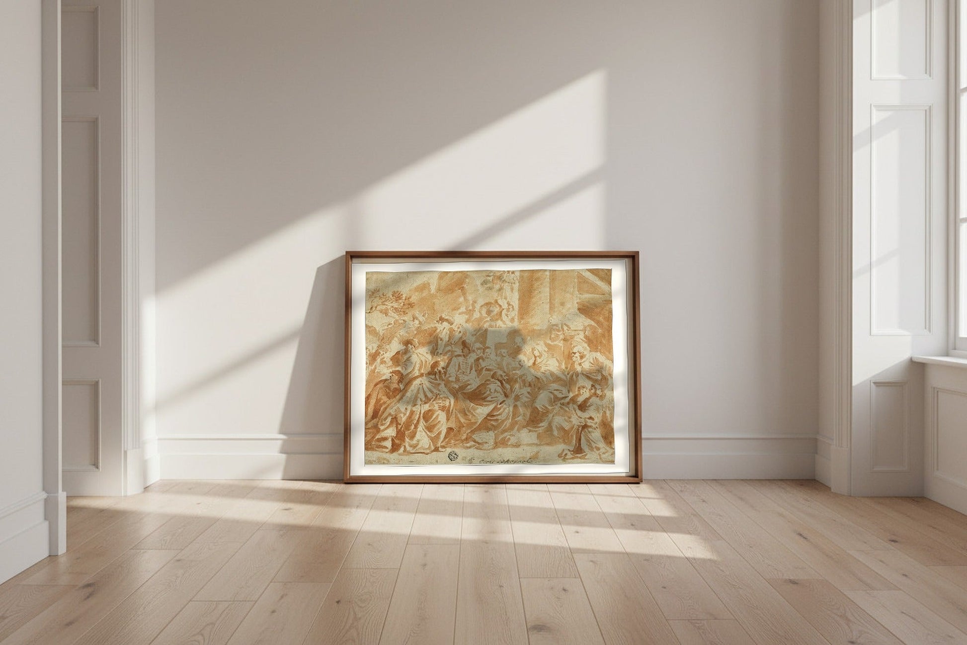 Adoration of the Magi (school of Peter Paul Rubens) Fine Art Poster shown framed and leaning against a wall in a sunlit room