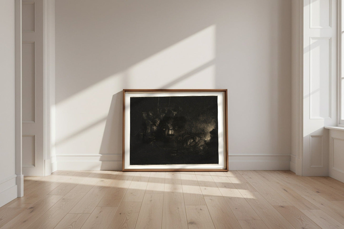 The Adoration of the Shepherds (A Night Piece) — Rembrandt van Rijn Fine Art Poster shown framed and leaning against a wall in a sunlit room