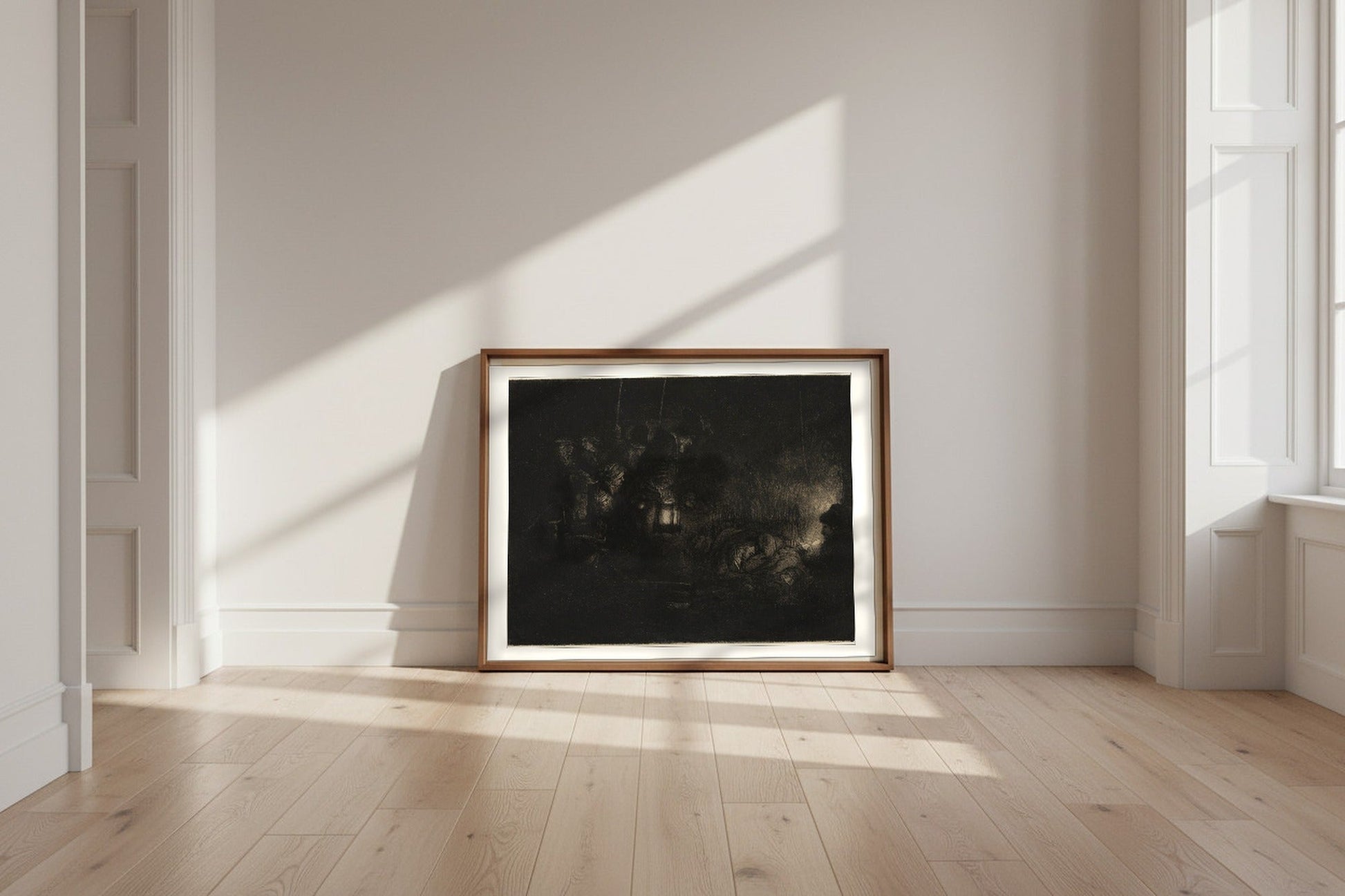 The Adoration of the Shepherds (A Night Piece) — Rembrandt van Rijn Fine Art Poster shown framed and leaning against a wall in a sunlit room
