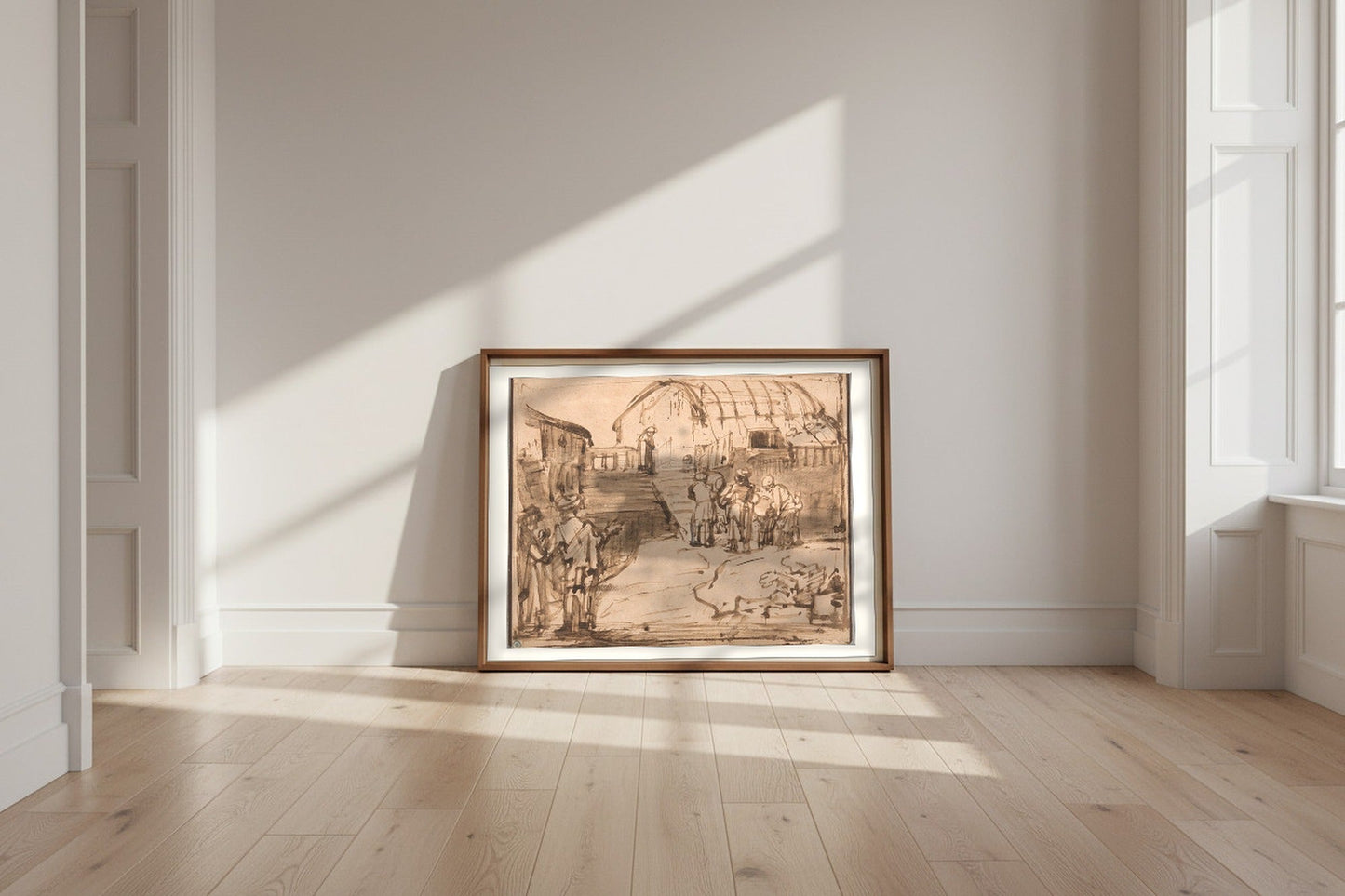 Noah's Ark — Rembrandt van Rijn Fine Art Poster shown framed and leaning against a wall in a sunlit room