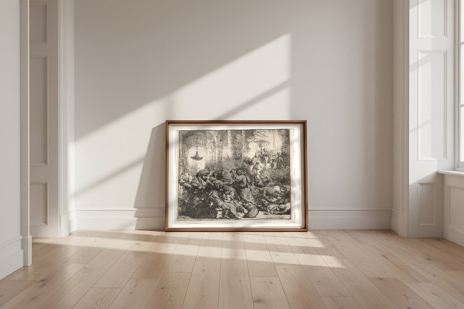 Christ Driving the Money Changers from the Temple — Rembrandt van Rijn Fine Art Poster shown framed and leaning against a wall in a sunlit room