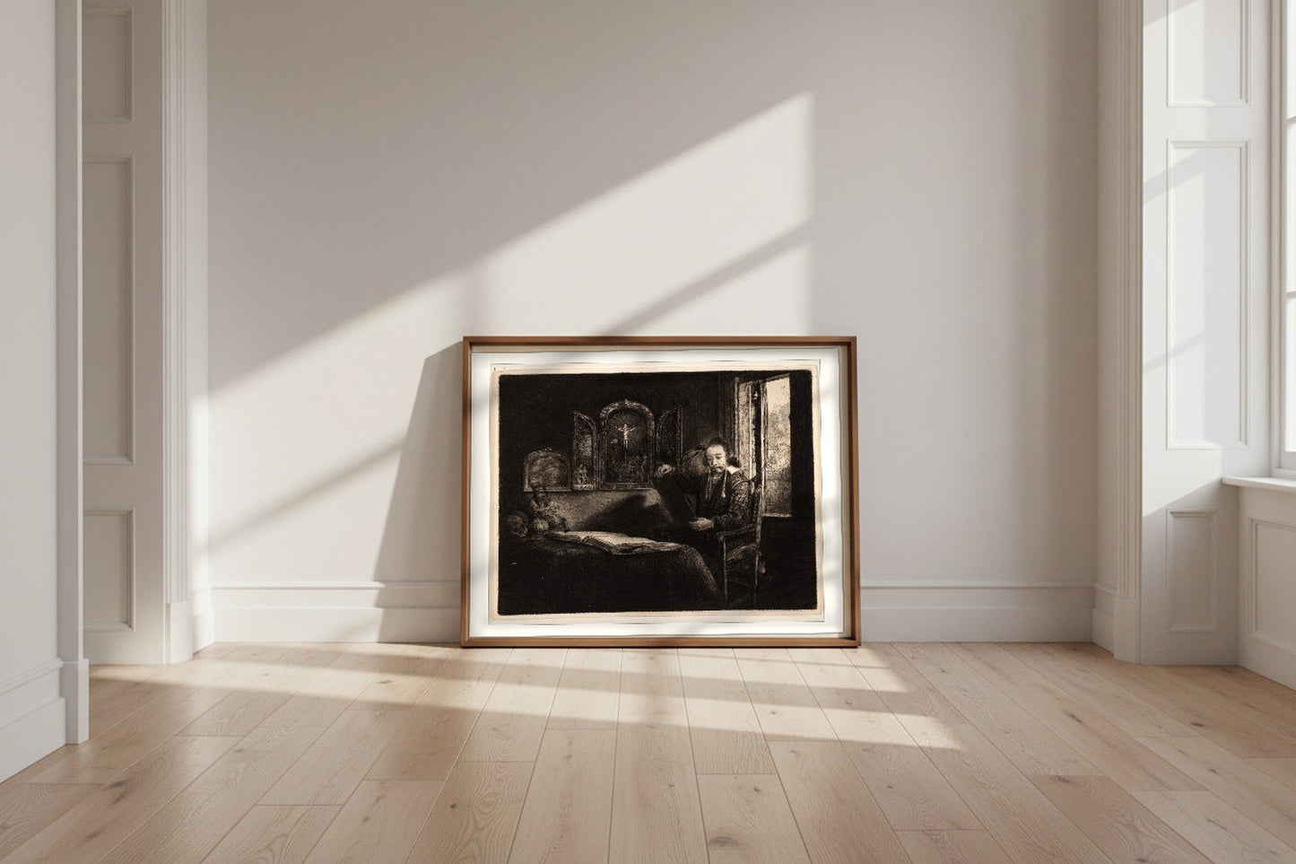 Abraham Francen, Apothecary — Rembrandt van Rijn Fine Art Poster shown framed and leaning against a wall in a sunlit room