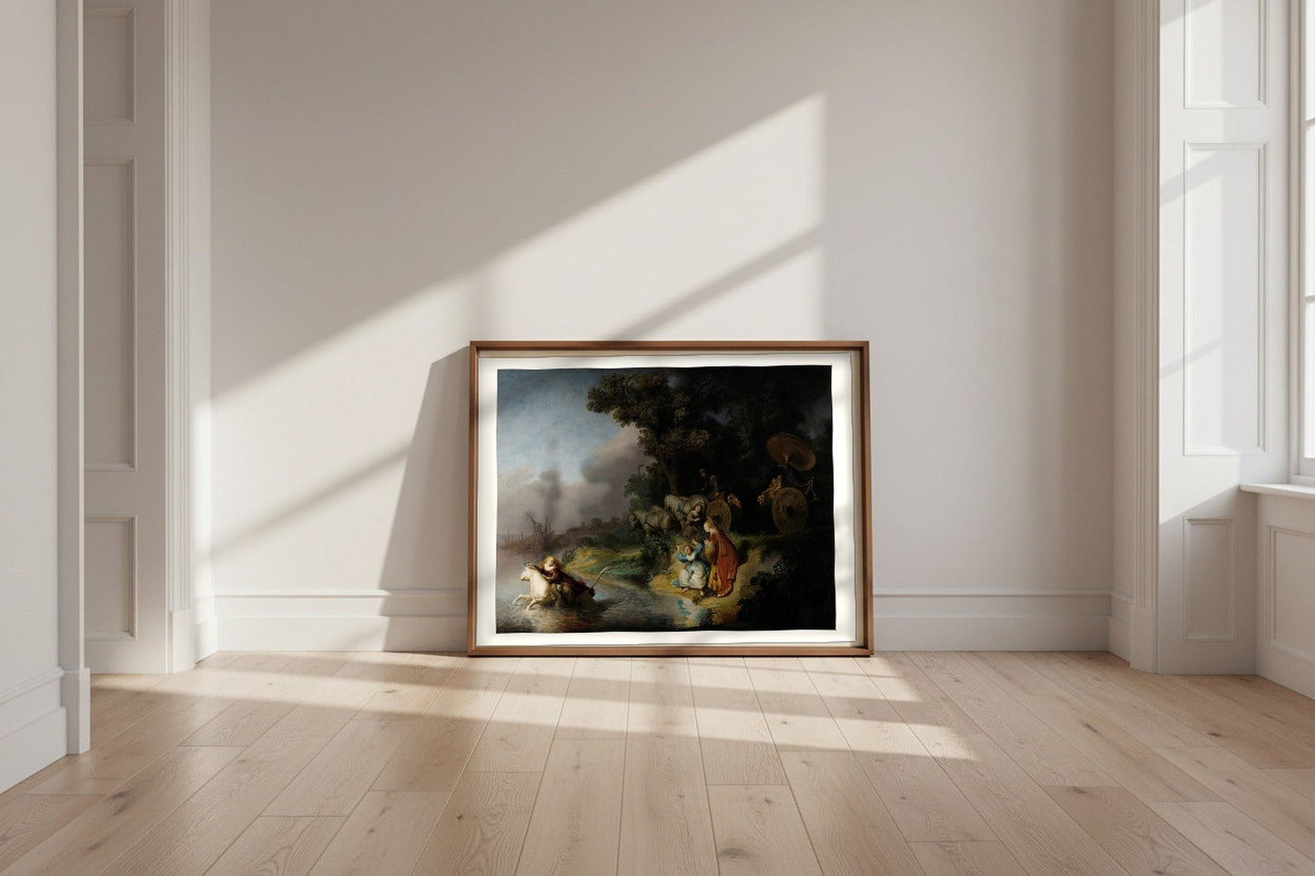 The Abduction of Europa — Rembrandt van Rijn Fine Art Poster shown framed and leaning against a wall in a sunlit room