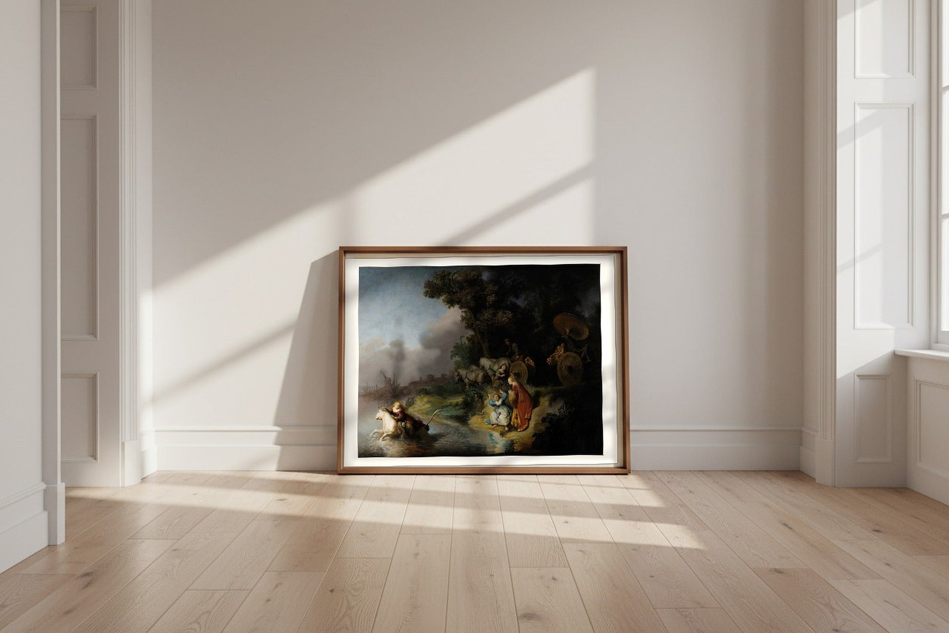 The Abduction of Europa — Rembrandt van Rijn Fine Art Poster shown framed and leaning against a wall in a sunlit room
