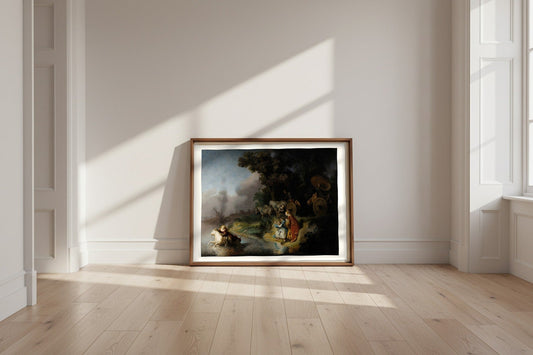 The Abduction of Europa — Rembrandt van Rijn Fine Art Poster shown framed and leaning against a wall in a sunlit room