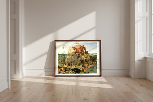 The Tower of Babel (Vienna) — Pieter Bruegel the Elder Fine Art Poster shown framed and leaning against a wall in a sunlit room