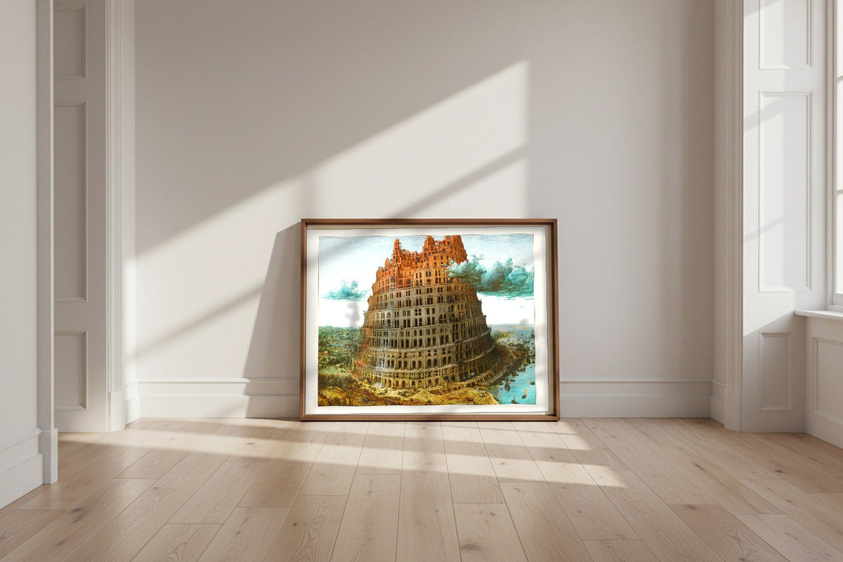 The Tower of Babel (Rotterdam) — Pieter Bruegel the Elder Fine Art Poster shown framed and leaning against a wall in a sunlit room