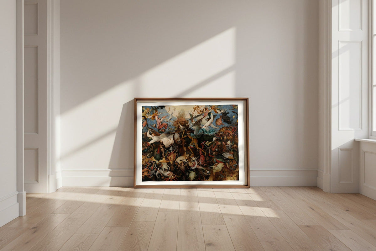The Fall of the Rebel Angels — Pieter Bruegel the Elder Fine Art Poster shown framed and leaning against a wall in a sunlit room