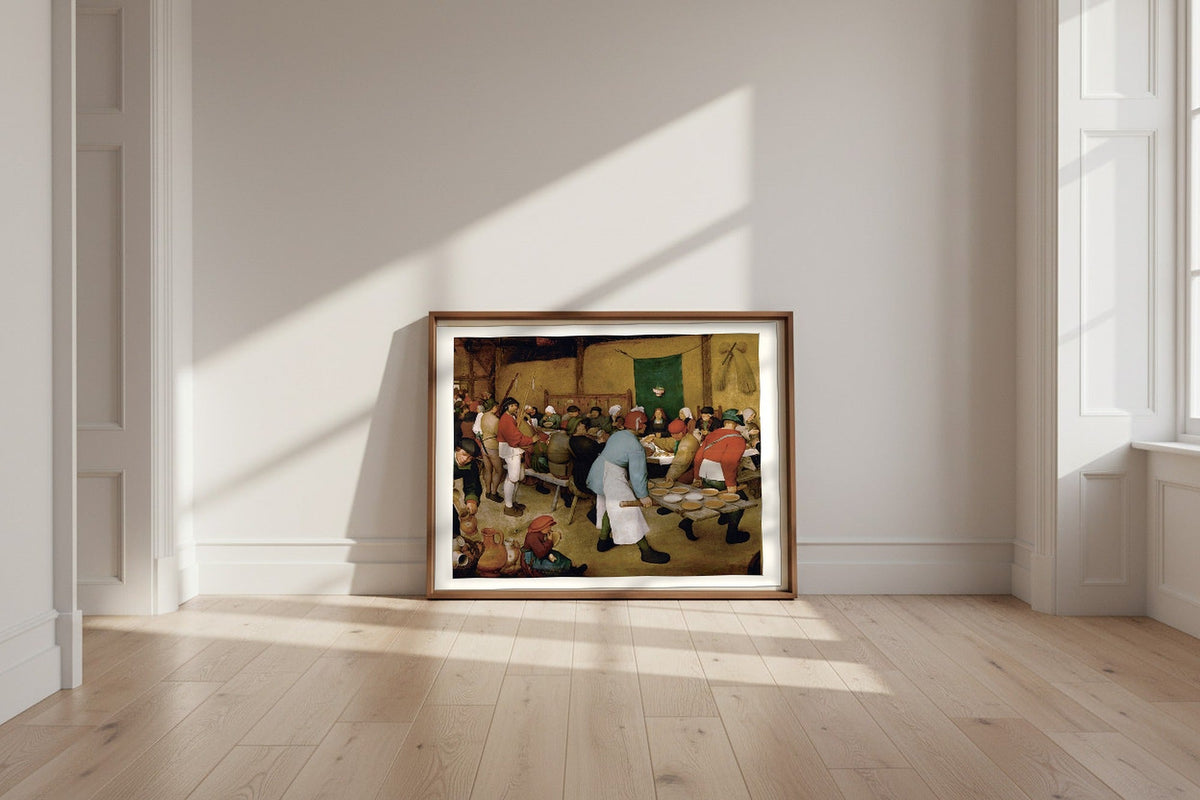 Peasant Wedding — Pieter Bruegel the Elder Fine Art Poster shown framed and leaning against a wall in a sunlit room
