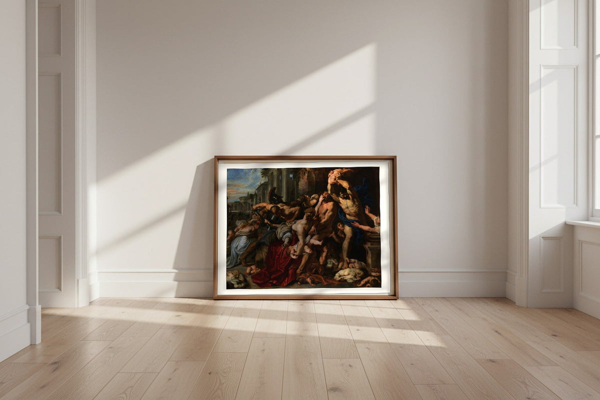 Massacre of the Innocents — Peter Paul Rubens Fine Art Poster shown framed and leaning against a wall in a sunlit room
