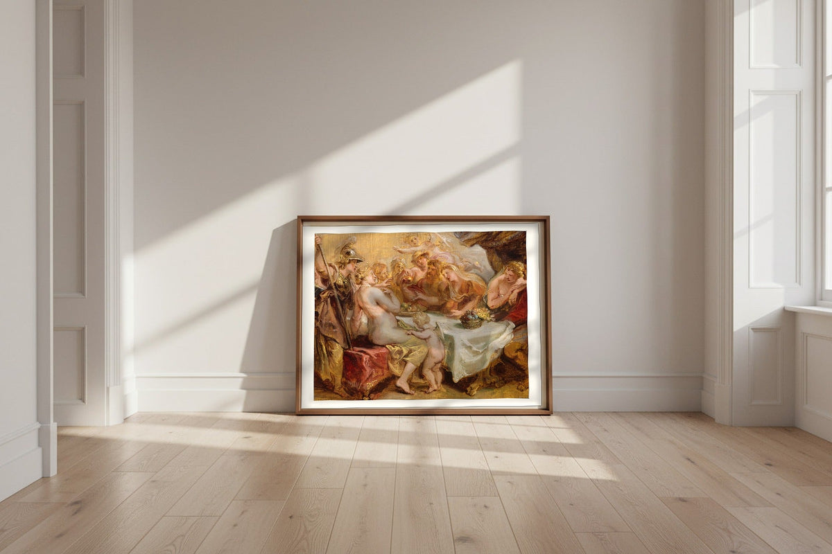 The Wedding of Peleus and Thetis — Peter Paul Rubens Fine Art Poster shown framed and leaning against a wall in a sunlit room