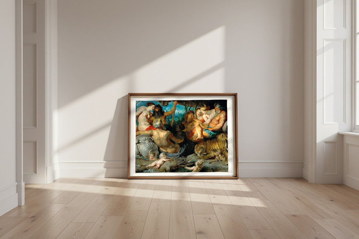 The Four Continents — Peter Paul Rubens Fine Art Poster shown framed and leaning against a wall in a sunlit room