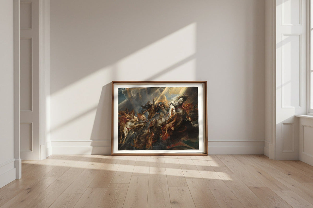 The Fall of Phaeton — Peter Paul Rubens Fine Art Poster shown framed and leaning against a wall in a sunlit room