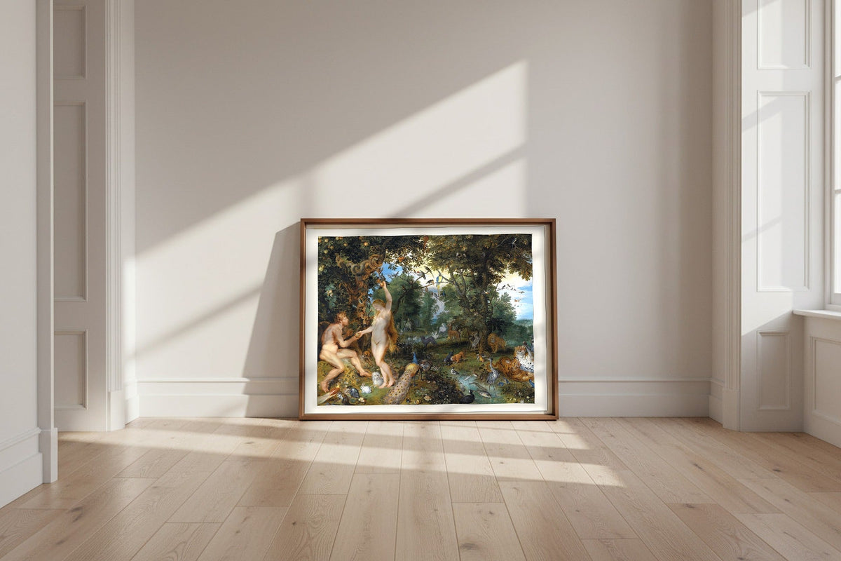 The Garden of Eden with the Fall of Man — Jan Brueghel the Elder and Peter Paul Rubens Fine Art Poster shown framed and leaning against a wall in a sunlit room