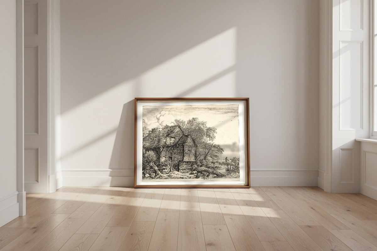 The Little Bridge — Jacob van Ruisdael Fine Art Poster shown framed and leaning against a wall in a sunlit room