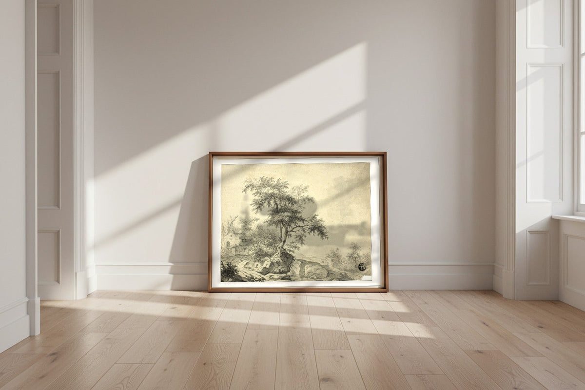Landscape with Tree on Road to Buildings — Jacob van Ruisdael Fine Art Poster shown framed and leaning against a wall in a sunlit room