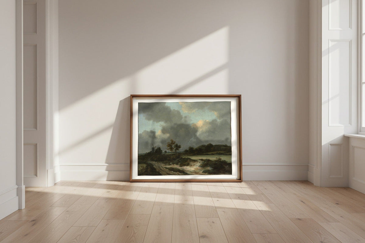 Grainfields — Jacob van Ruisdael Fine Art Poster shown framed and leaning against a wall in a sunlit room