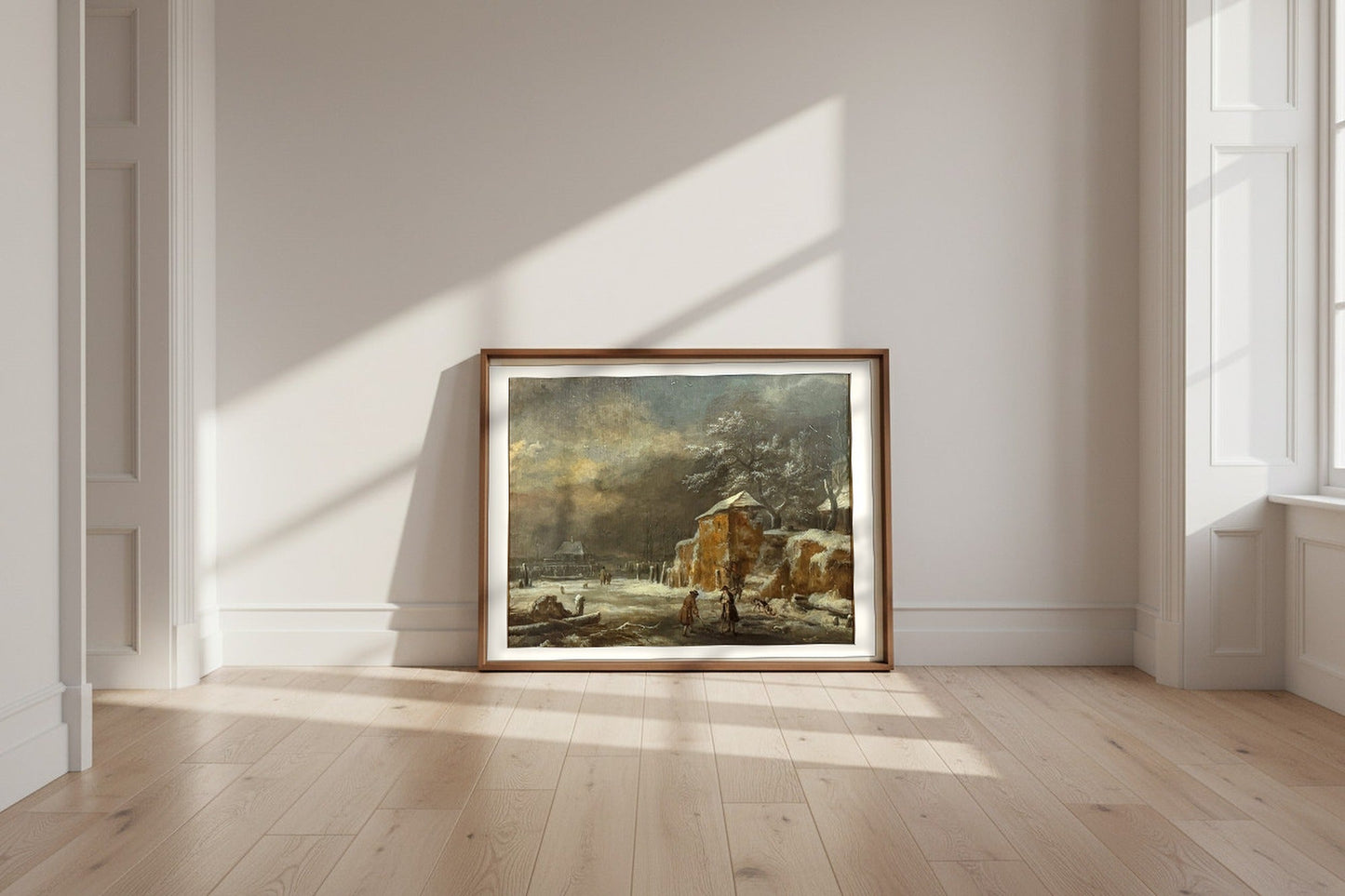 Winter Landscape — Jacob van Ruisdael Fine Art Poster shown framed and leaning against a wall in a sunlit room