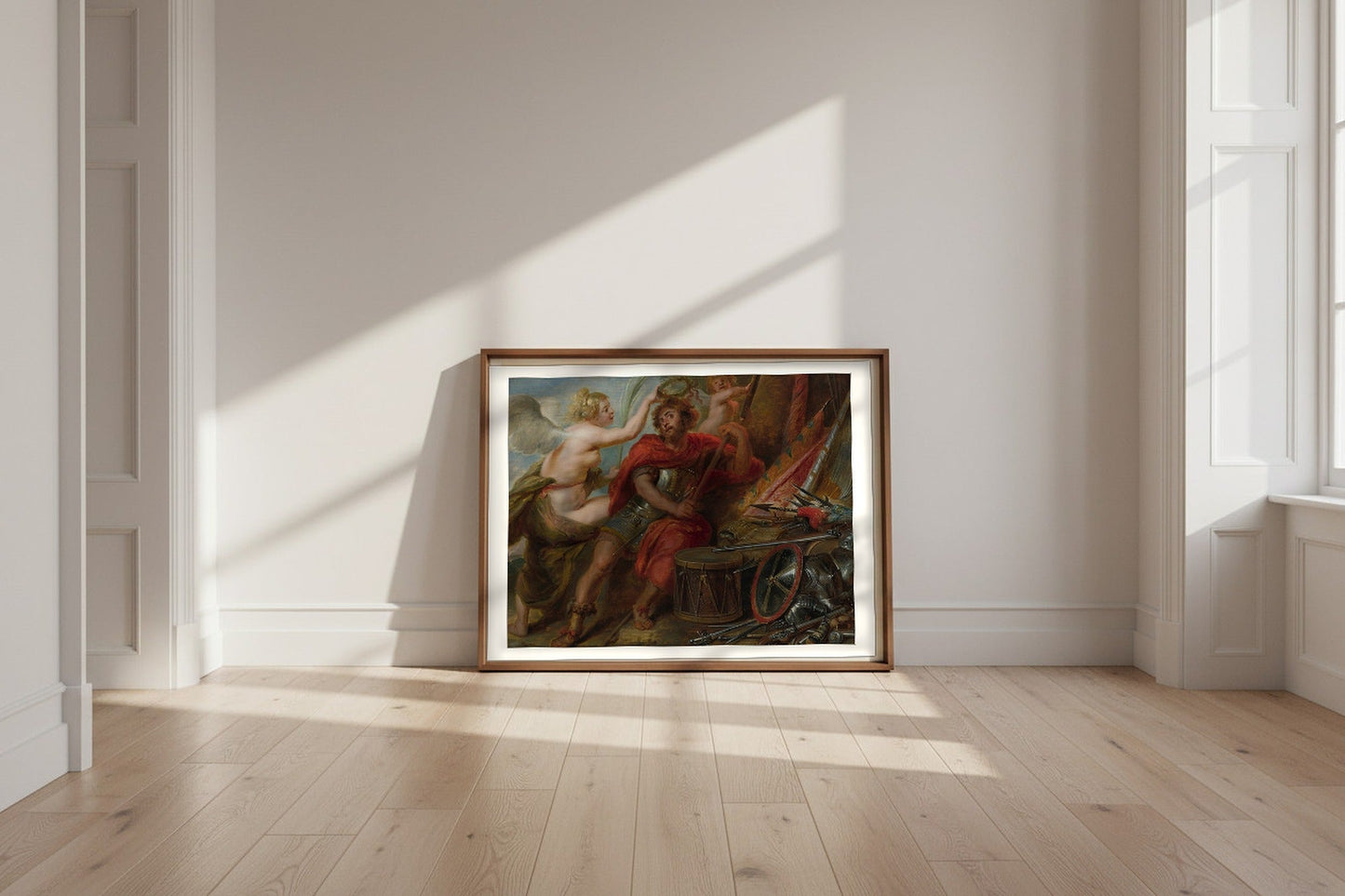 The Apotheosis of the Hero (follower of Peter Paul Rubens) Fine Art Poster shown framed and leaning against a wall in a sunlit room