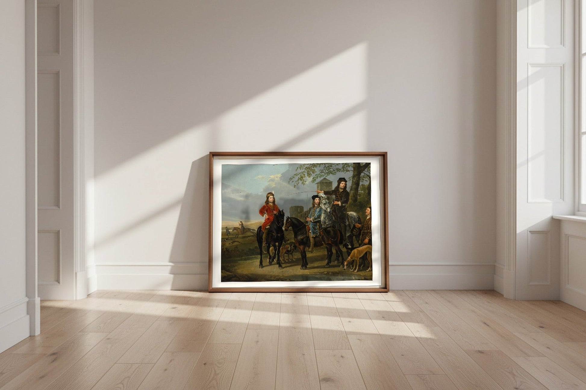 Equestrian Portrait of Cornelis and Michiel Pompe van Meerdervoort — Aelbert Cuyp Fine Art Poster shown framed and leaning against a wall in a sunlit room