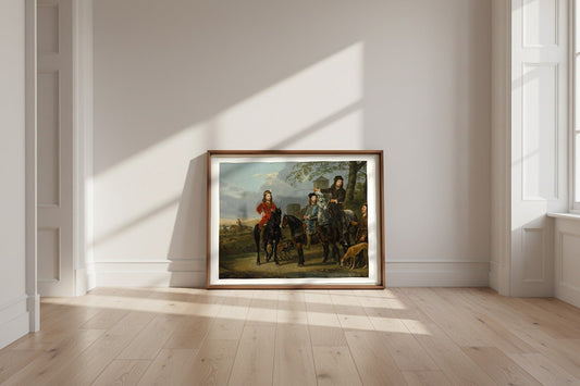 Equestrian Portrait of Cornelis and Michiel Pompe van Meerdervoort — Aelbert Cuyp Fine Art Poster shown framed and leaning against a wall in a sunlit room
