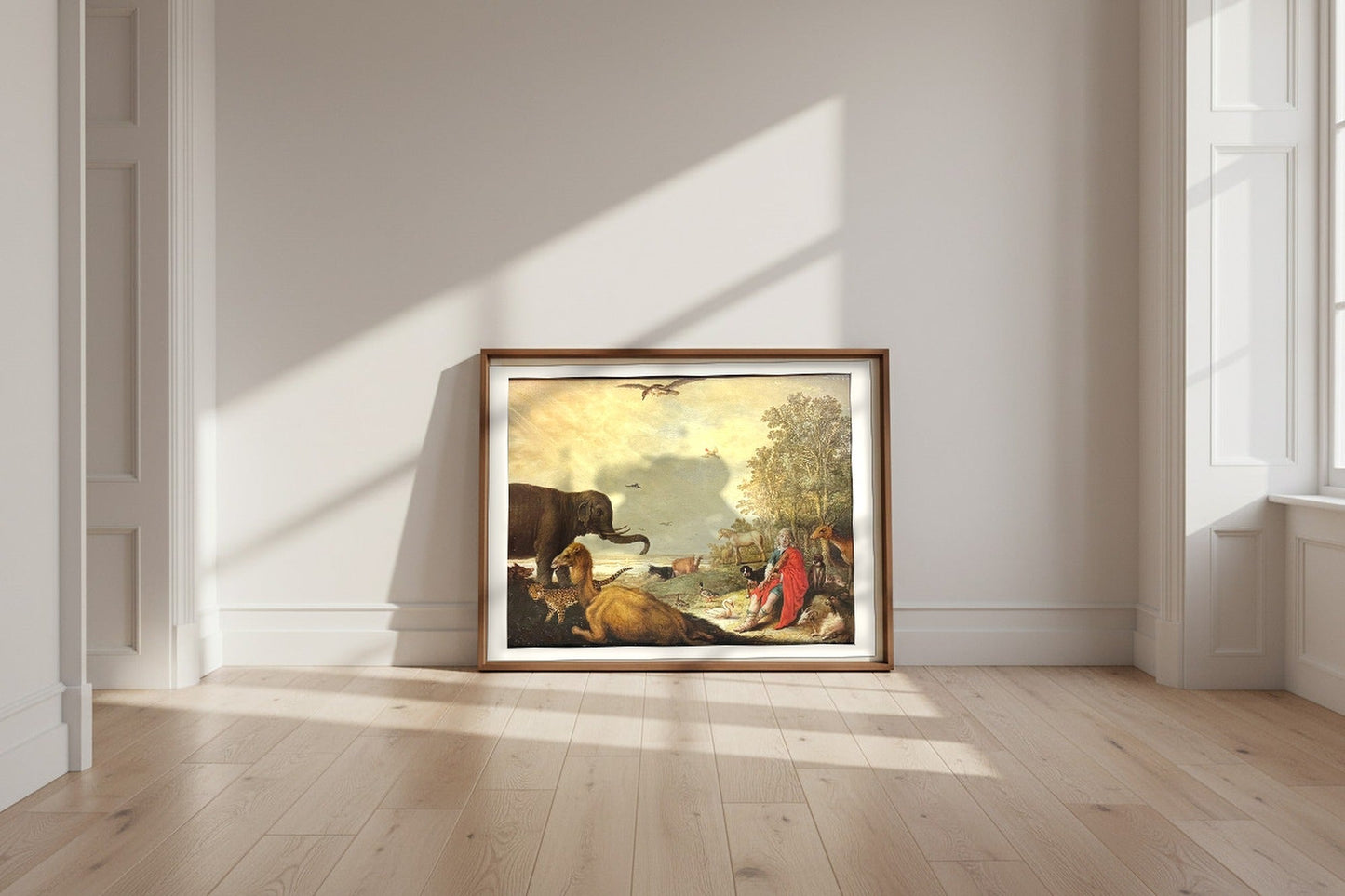 Orpheus and the Animals — Aelbert Cuyp Fine Art Poster shown framed and leaning against a wall in a sunlit room