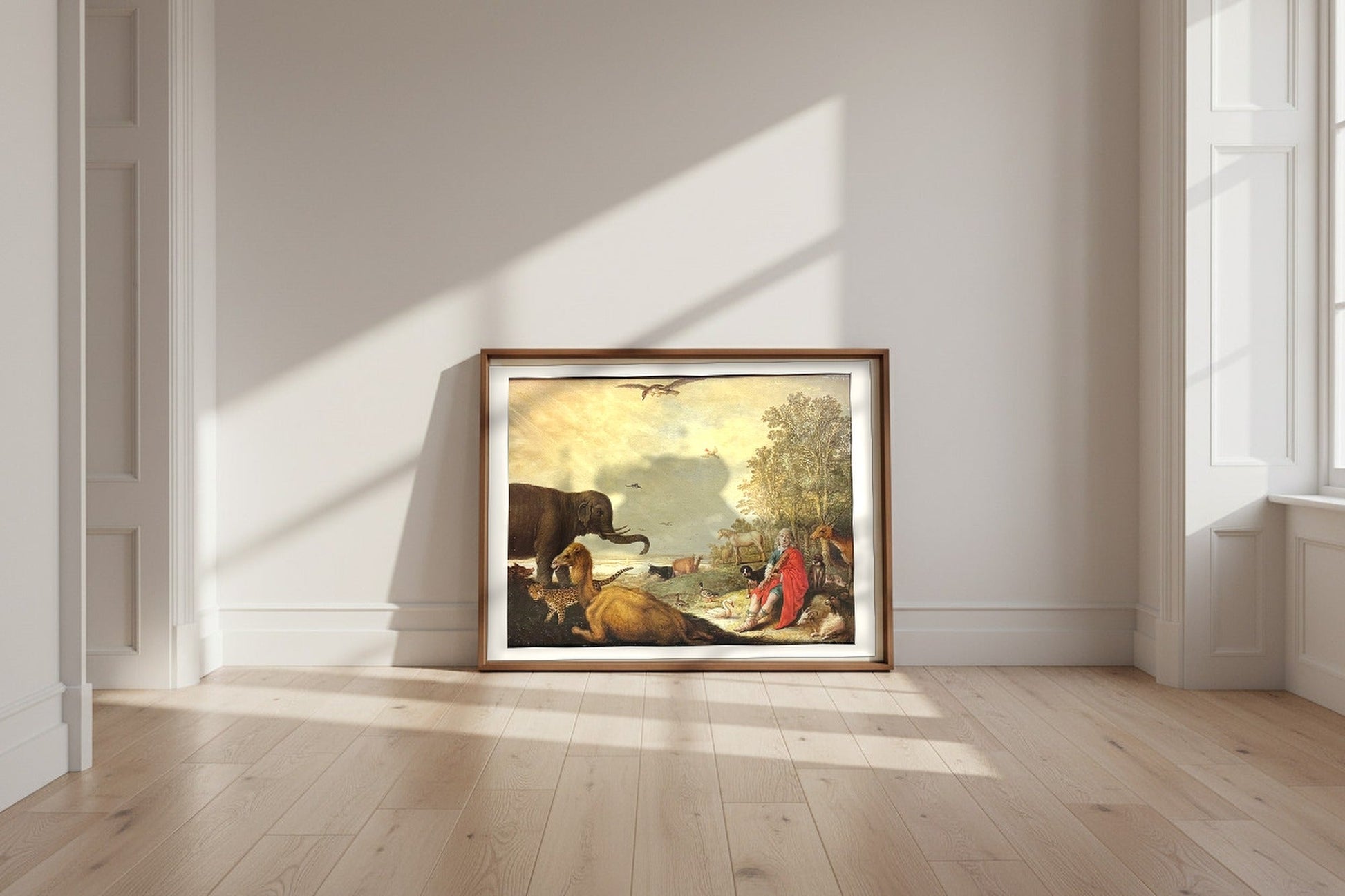 Orpheus and the Animals — Aelbert Cuyp Fine Art Poster shown framed and leaning against a wall in a sunlit room