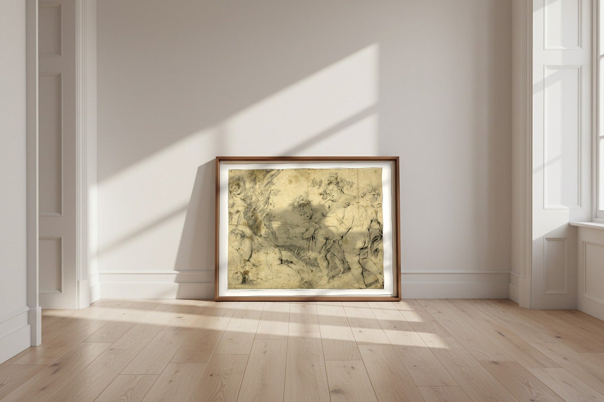 Young Bacchus and Companions — Anthony van Dyck Fine Art Poster shown framed and leaning against a wall in a sunlit room