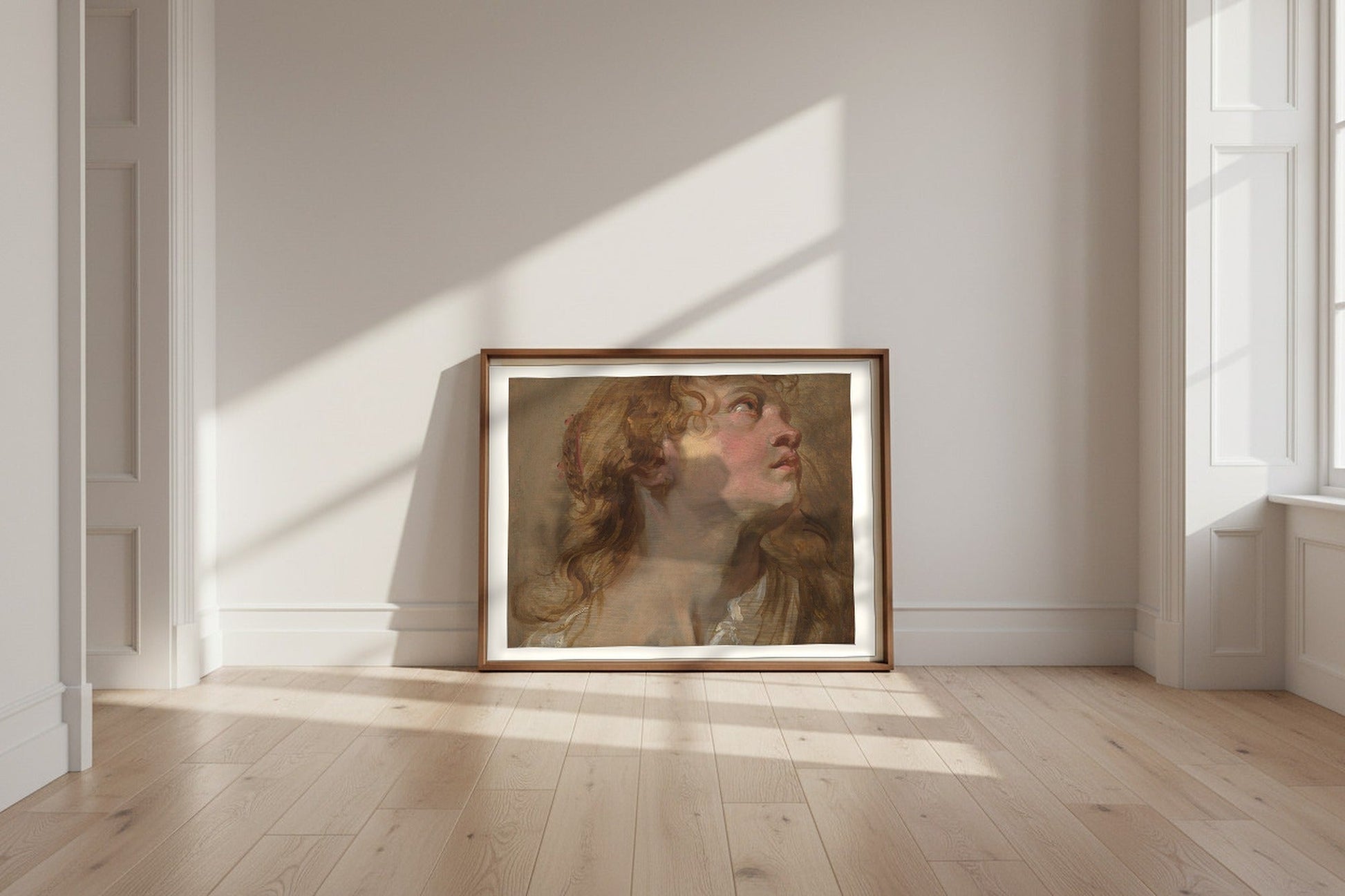 Head of a Girl — Anthony van Dyck Fine Art Poster shown framed and leaning against a wall in a sunlit room