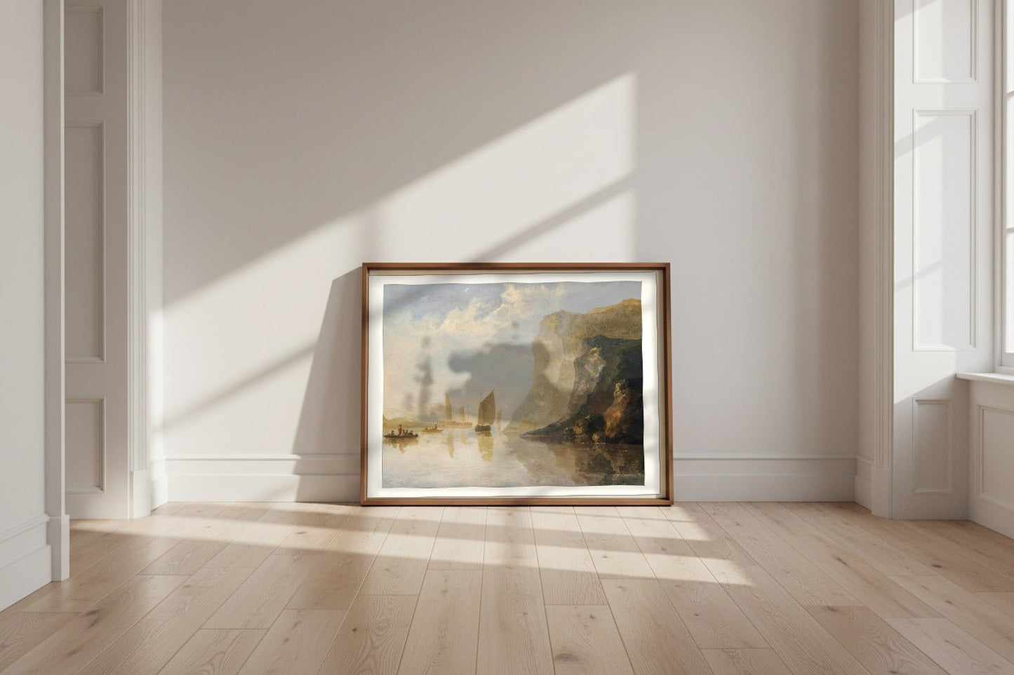 View on the Rhine — Aelbert Cuyp Fine Art Poster shown framed and leaning against a wall in a sunlit room