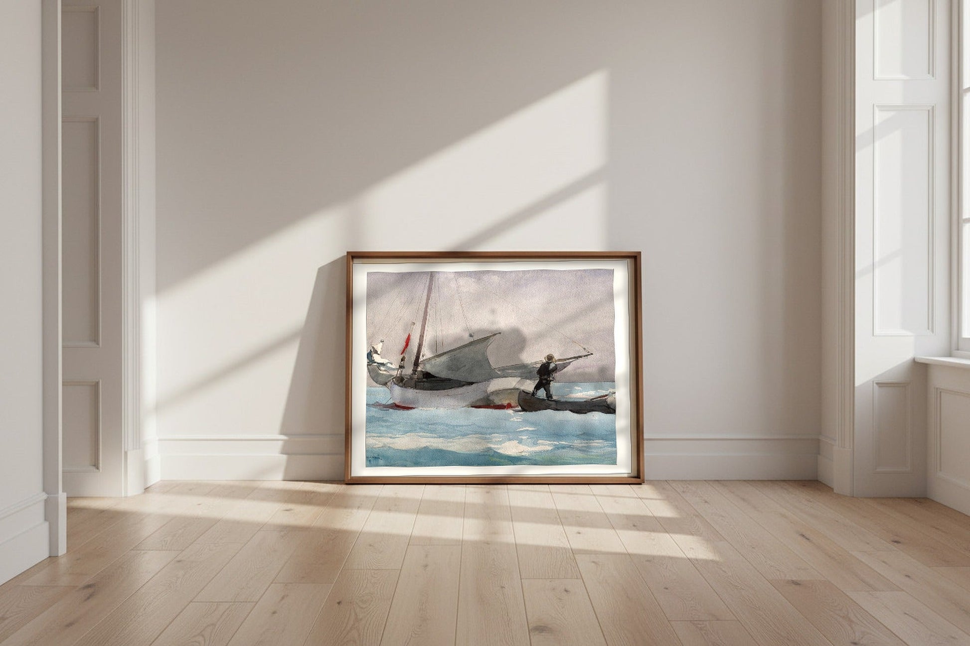 Stowing Sail — Winslow Homer Fine Art Poster shown framed and leaning against a wall in a sunlit room