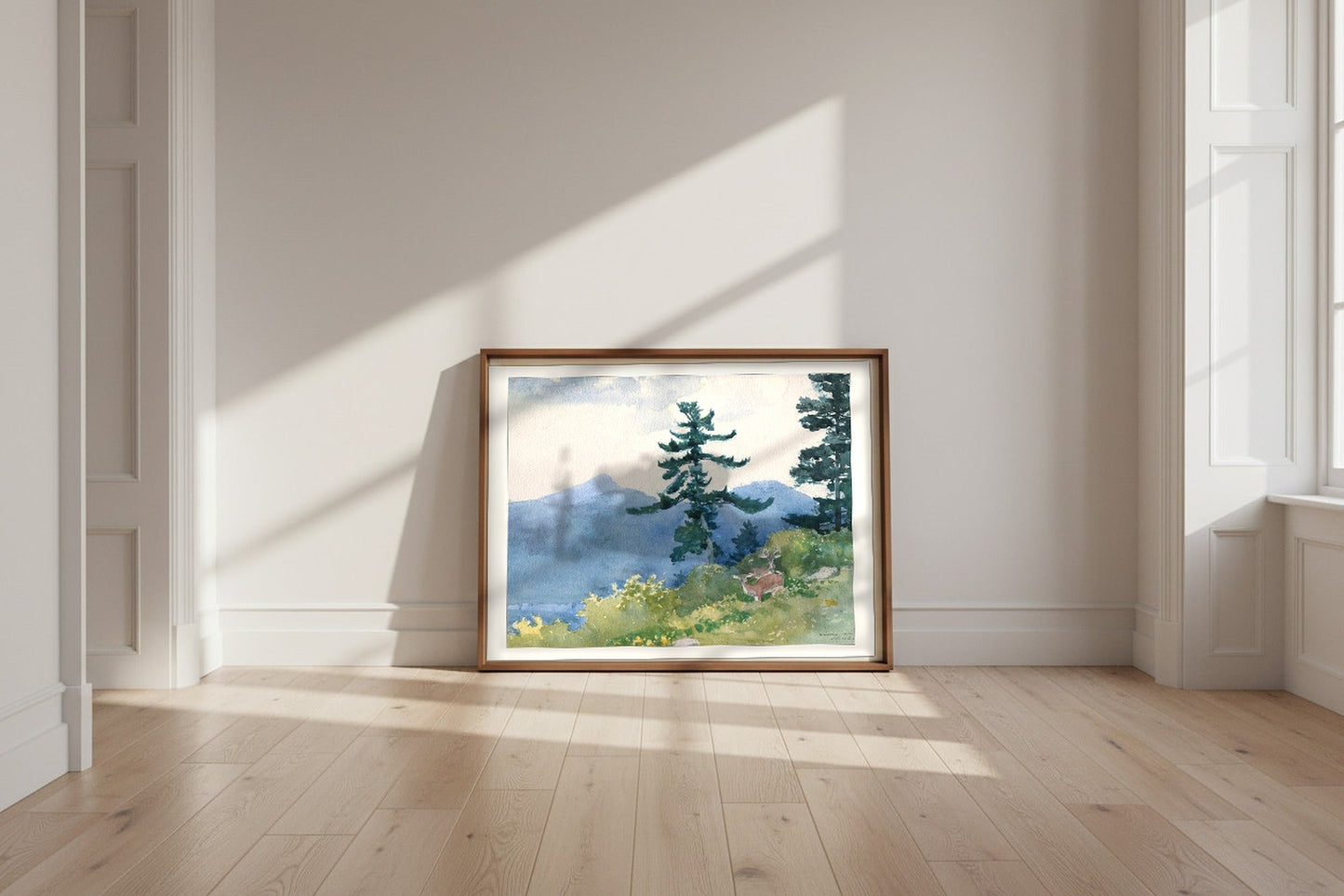 North Woods Club, Adirondacks (The Interrupted Tete-a-Tete) — Winslow Homer Fine Art Poster shown framed and leaning against a wall in a sunlit room